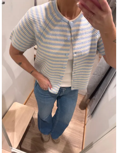 PCMALOU SS O-NECK STRIPE CARDIGAN